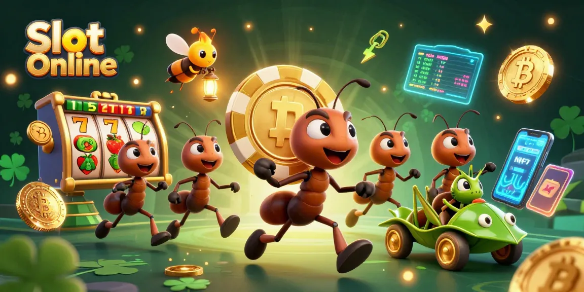 Win big with Slot Online as ants carry a giant poker chip through a dynamic casino scene.