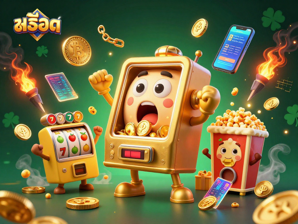 Catch the excitement of สล็อต as the golden slot machine hits the jackpot and coins spill out.