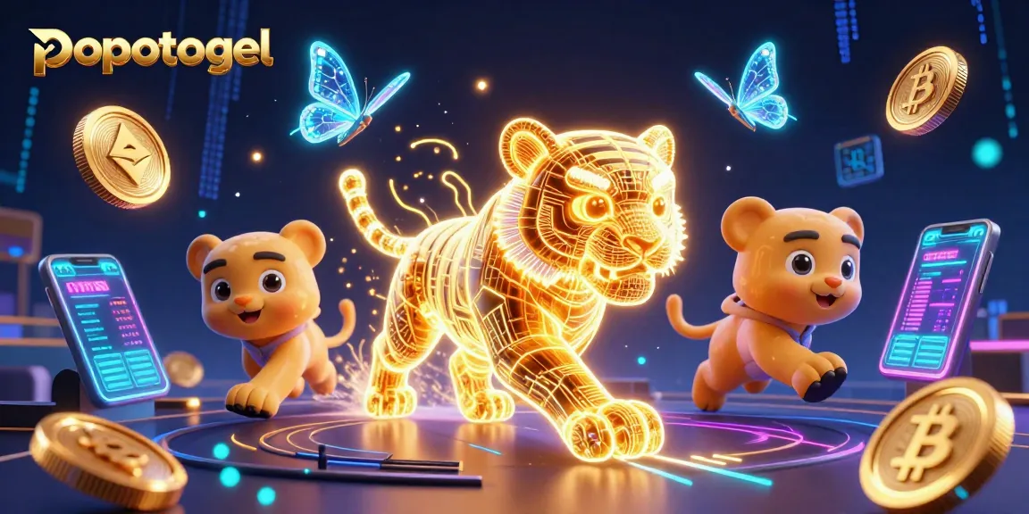 Engage with popotogel, featuring a neon tiger in a vibrant casino scene filled with crypto elements.