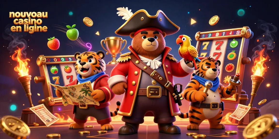 Découvrez les nouveaux casinos en ligne avec cette illustration captivante mettant en scène un ours pirate et un tigre amid des éléments de jeu.