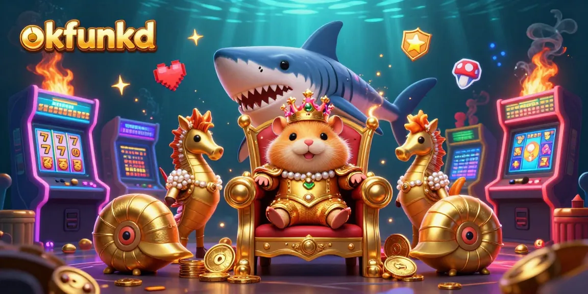 Play exciting games at okfunkd with vibrant visuals of slot reels, a golden hamster king, and seahorse guards.
