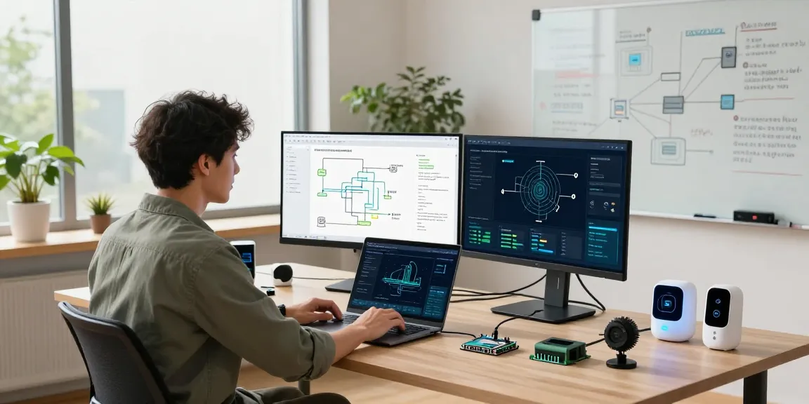 How to design an IoT system with an engineer analyzing data and architecture in a vibrant tech workspace