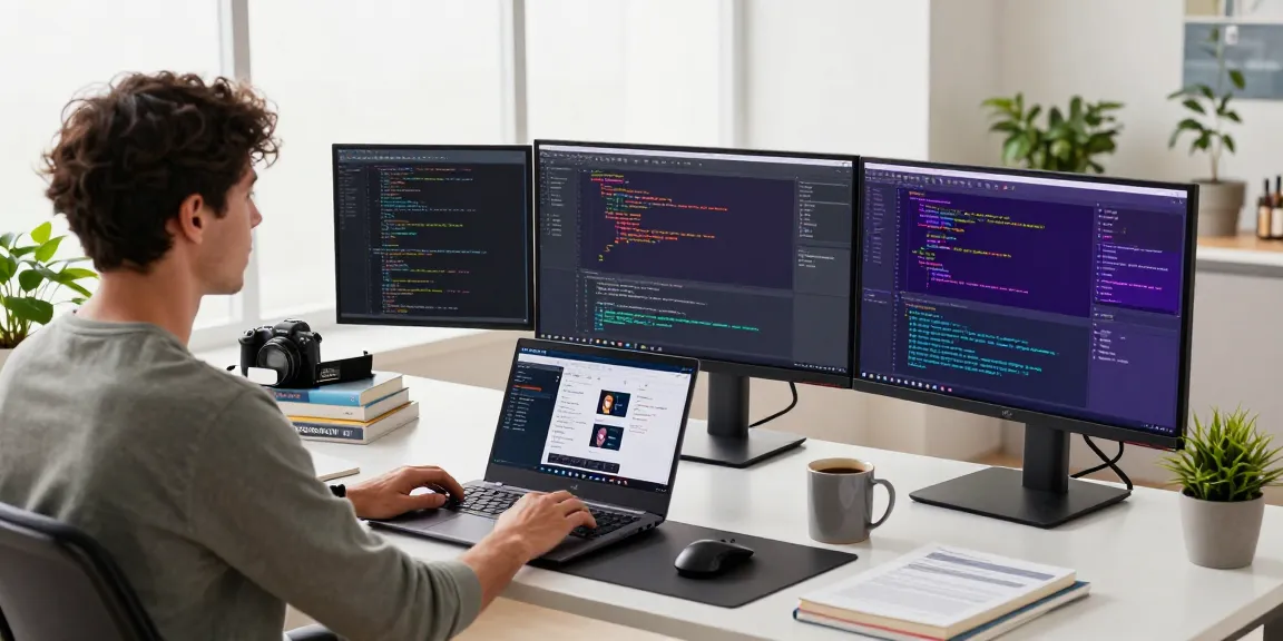 Advanced coding setup showcasing 纸飞机中文版 development tools, colorful monitors, and a modern workspace for tech professionals.