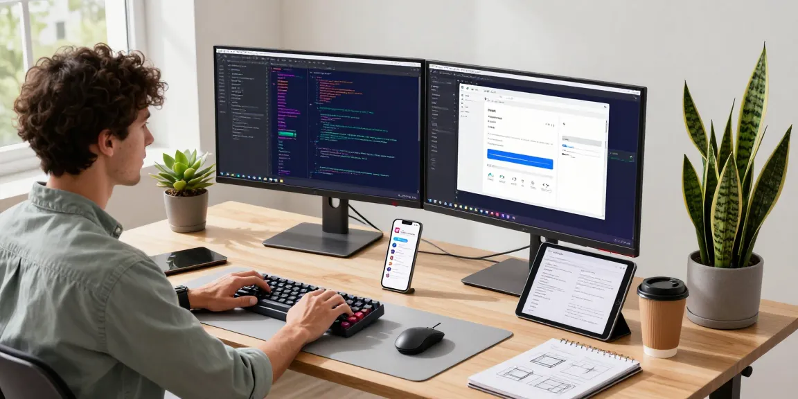 快连 application development workspace with monitors showcasing code, a laptop design, and vibrant office plants.
