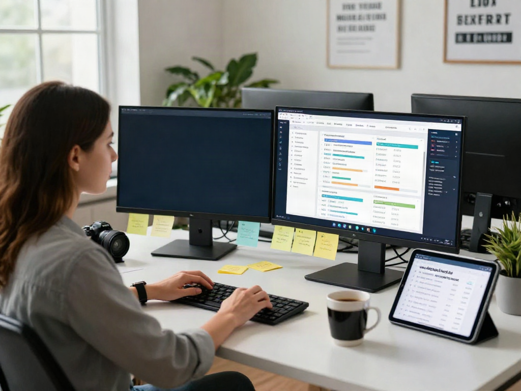 Workstation featuring AI generated long tail keyword content analysis with marketing strategies displayed on monitors.