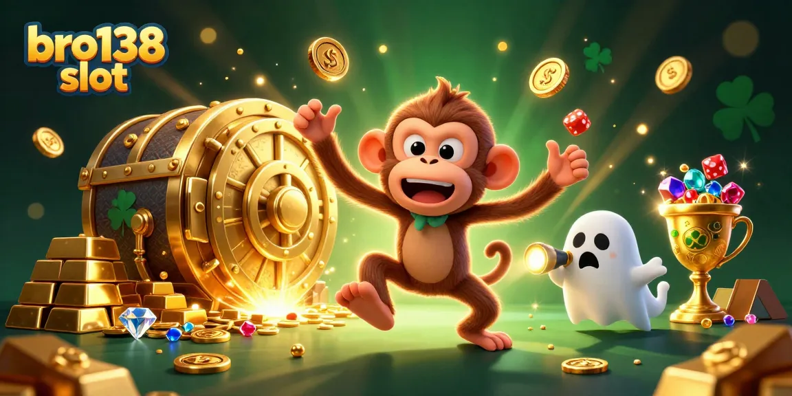 Experience excitement with bro138 slot in this colorful, lively casino illustration featuring playful characters.