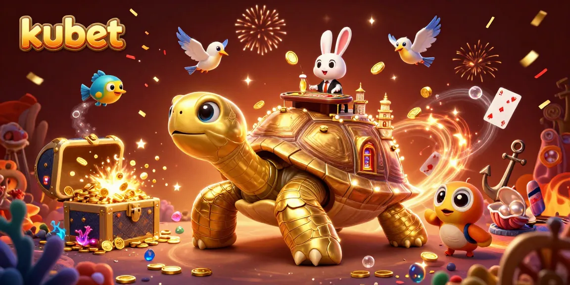 Experience exciting gameplay at kubet as a golden tortoise casino and rabbit dealer entertain in a vibrant 3D illustration.