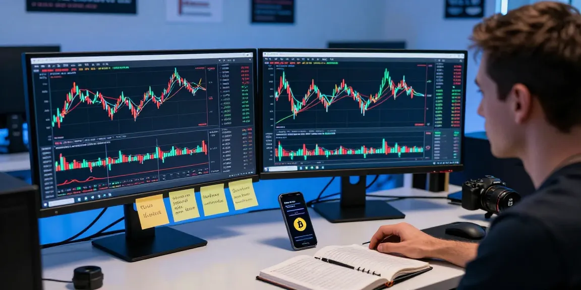 Trader analyzing cryptocurrency market trends at their desk, focusing on https://crypto-reviews.ru/okx-v-kazahstane/ in a vibrant trading environment.