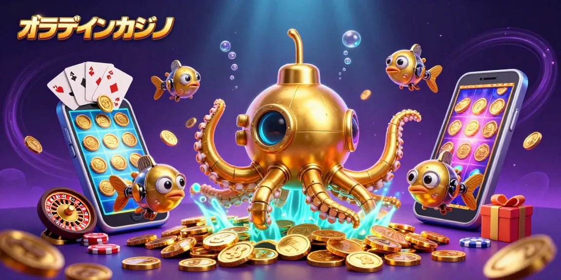 オンラインカジノで金のコインを背景に楽しむ3Dクレイニーカーキャラクターを描いたイラスト