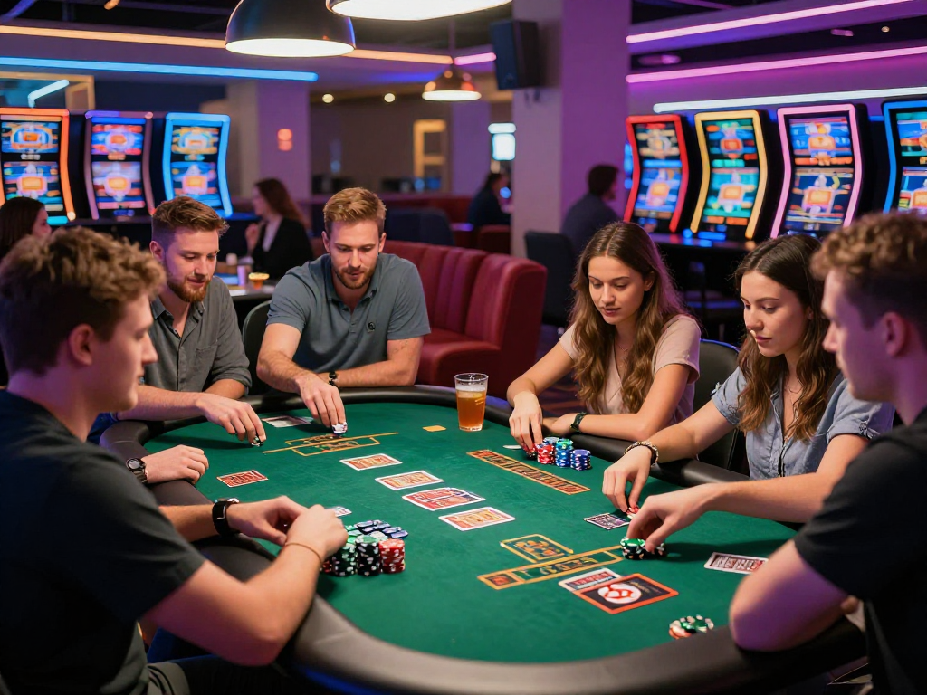 Social group enjoying card games at vibrant uk credit card casinos with neon lights and excitement.