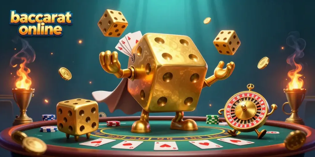 Engage with baccarat online in an energetic scene with a golden dice golem and gaming elements.