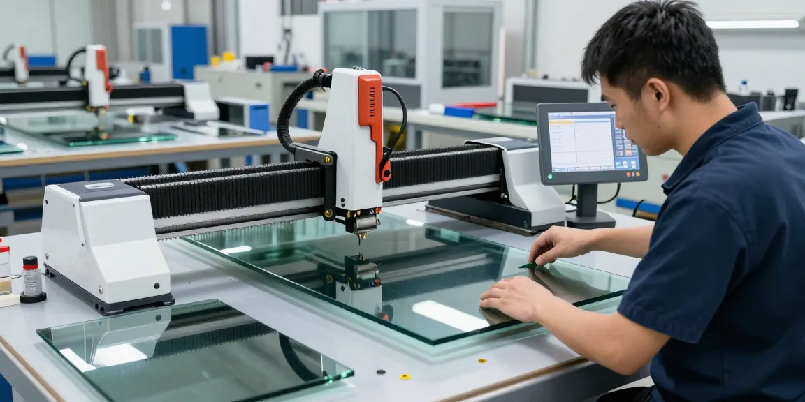 Technician using a CNC glass cutting machine in a modern workshop setting.