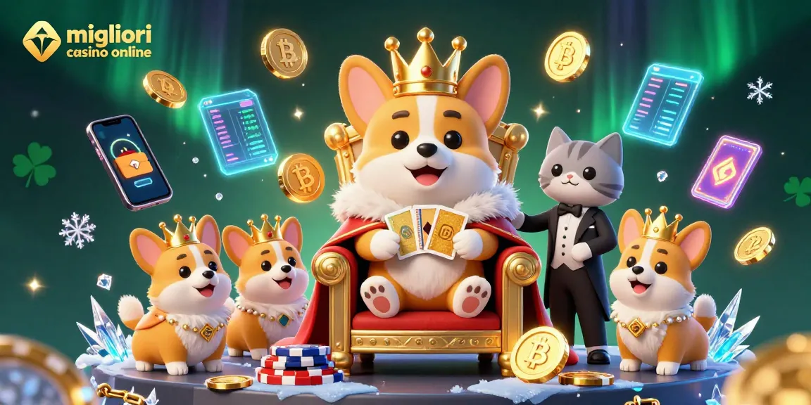 Interagisci con i migliori casino online featuring un corgi reale su un trono circondato da monete crypto ed elementi di gioco.