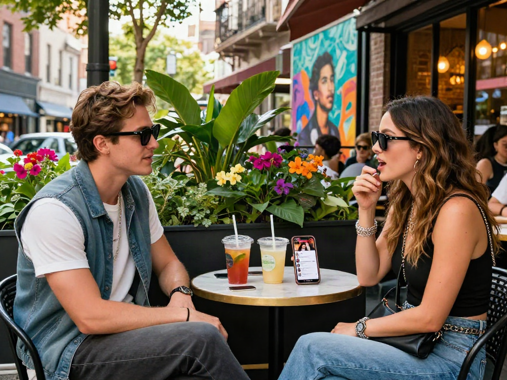 Two celebrities that look alike enjoying a lively moment at a trendy café, showcasing urban style and celebrity culture.