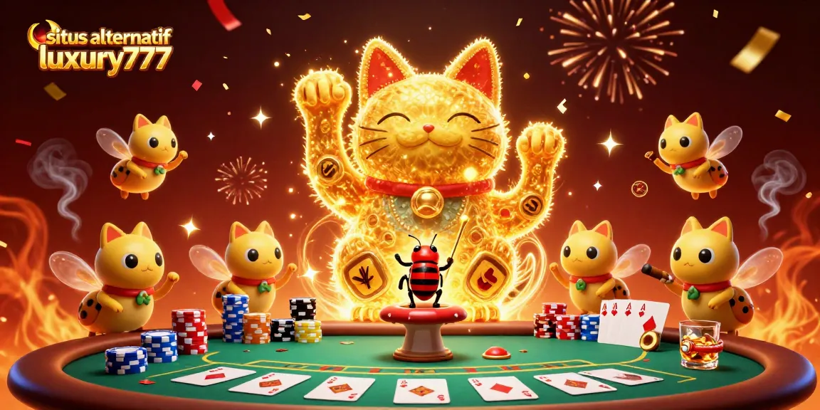 Play the latest games on situs alternatif luxury777 featuring a lucky cat and vibrant casino elements.