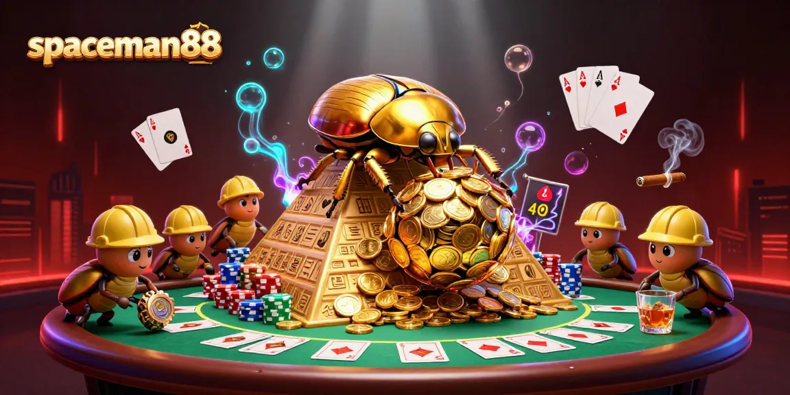 Experience the vibrant energy of spaceman88 at a bustling casino with beetles and poker elements.