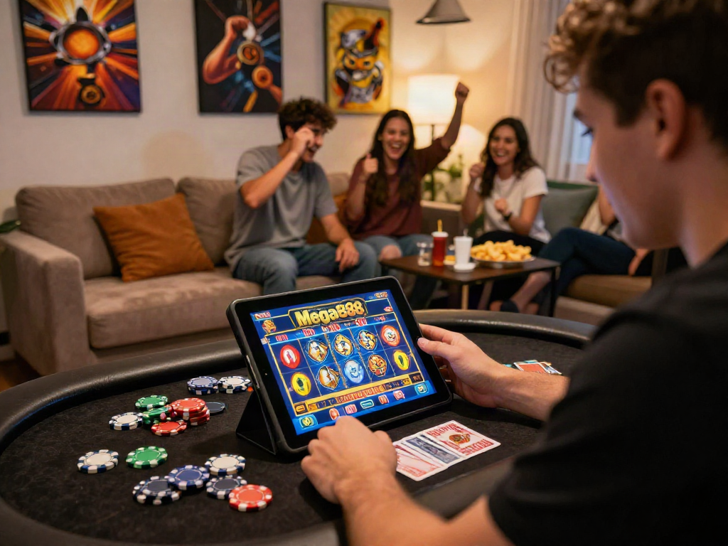 Player engaged in Mega888 online gaming experience with colorful tablet display and vibrant casino atmosphere.