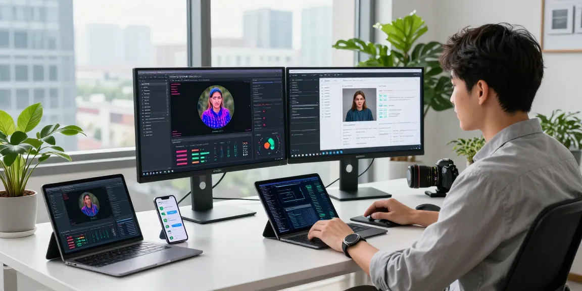 AI image detection results on screens with a free ai detector tool in a modern office setting