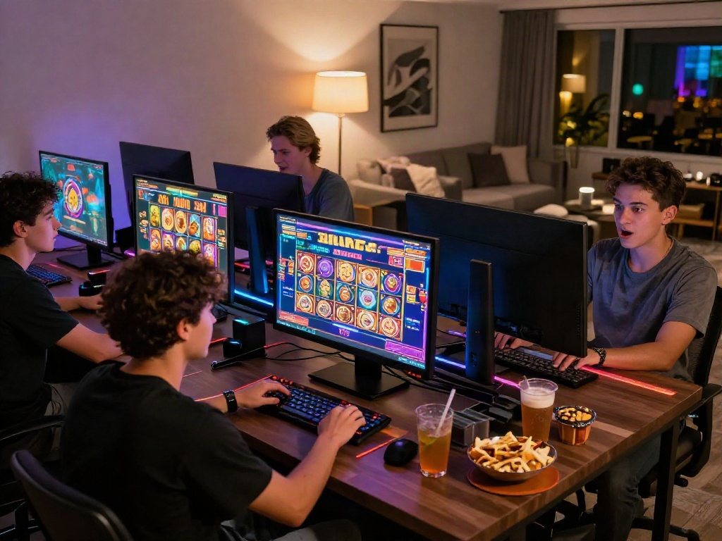 Players engaging with slot88 games in a vibrant online casino setup with snacks and drinks