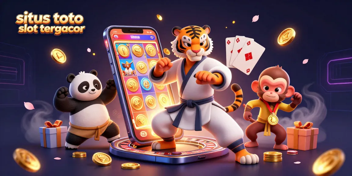 Engage with situs toto slot tergacor in this dynamic 3D illustration featuring a kung fu master and game elements.