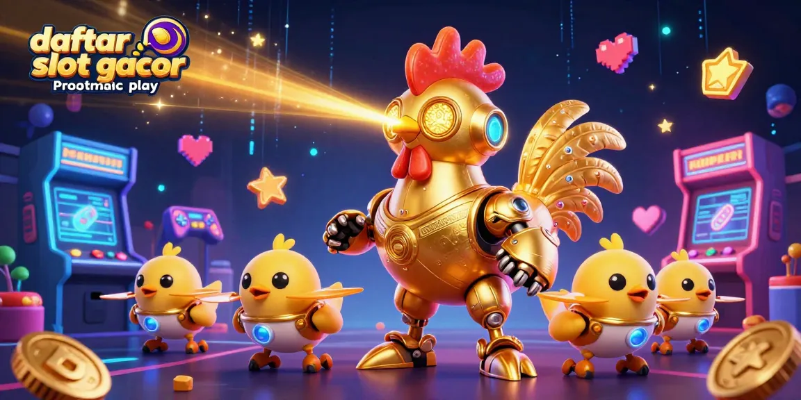 Mengakses daftar situs judi slot gacor pragmatic play dengan ilustrasi karakter robot ayam futuristik dan elemen mesin permainan 3D yang berwarna-warni.