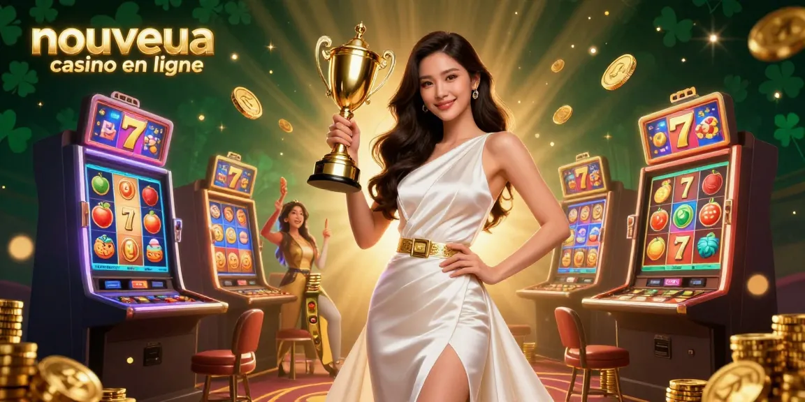 Experience thrills at nouveau casino en ligne with a stunning Asian woman celebrating a golden trophy surrounded by vibrant slot elements.
