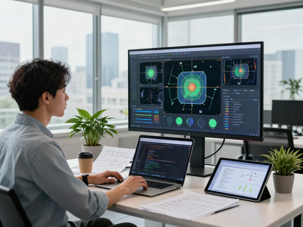 AI-Generated Image Detection technology in a modern office workspace, showcasing analysis and real-time results.