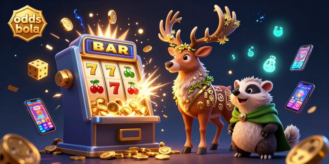 Explore odds bola with a vibrant 3D illustration of a Celtic druid stag and wise badger amidst slot machine excitement.