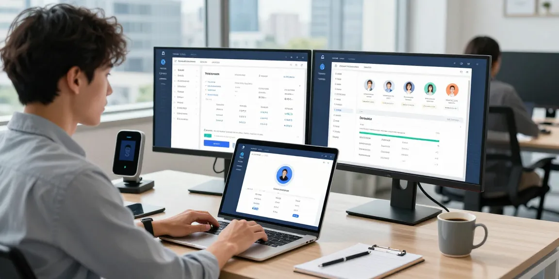 Demonstrating an age verification system in a sleek office using AI-powered technology for secure compliance.