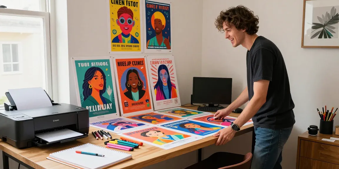 Creative workspace highlighting poster printing with vibrant custom designs.