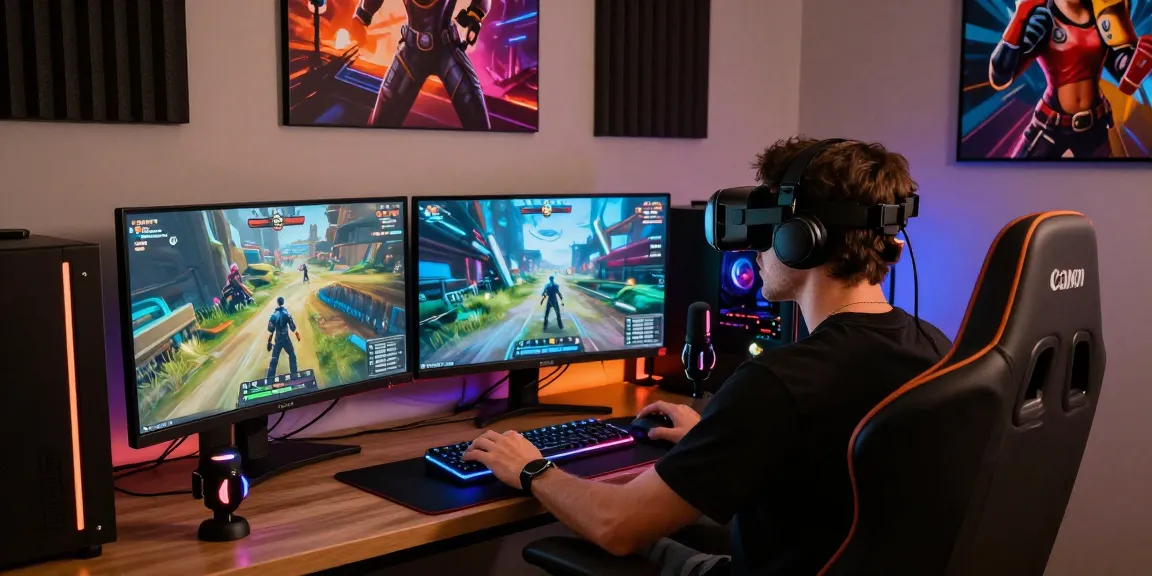 Immersive gaming scene with pakde4d, featuring player with VR headset, dual monitors, and vibrant LED lights in a modern setup.