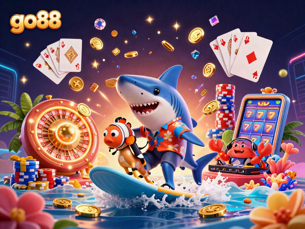 Win big at go88 with a vibrant scene of a shark and friends enjoying casino excitement!
