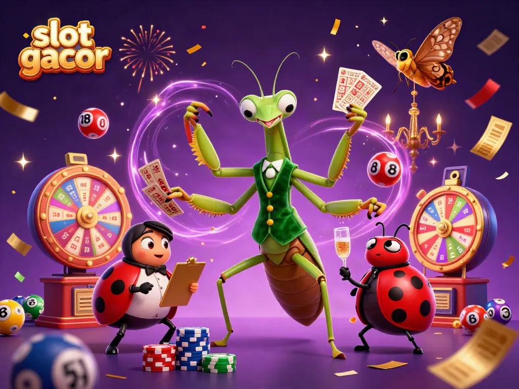 Slot gacor dengan karakter kartun menyenangkan di kasino dengan latar belakang yang menarik dan elemen permainan.