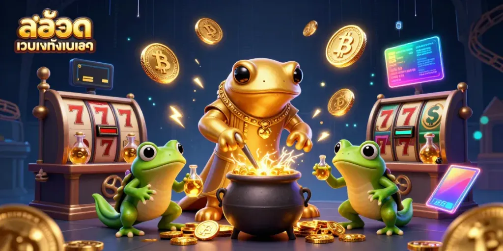 Engage with สล็อตเว็บตรงทั้งหมด featuring a golden salamander alchemist in a vibrant casino scene with gold coins and digital elements.
