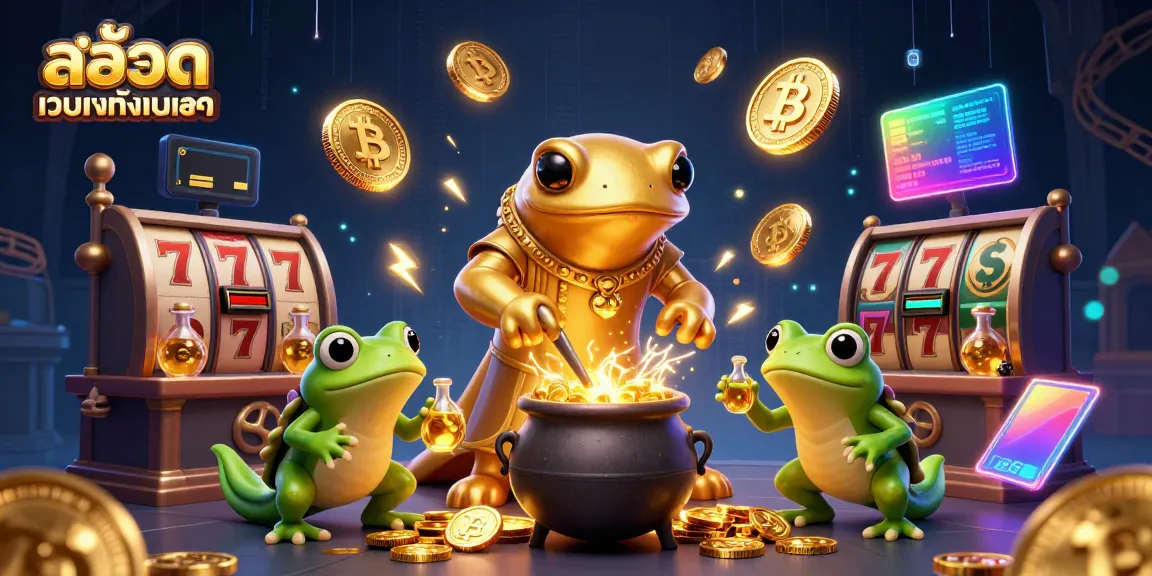 Engage with สล็อตเว็บตรงทั้งหมด featuring a golden salamander alchemist in a vibrant casino scene with gold coins and digital elements.