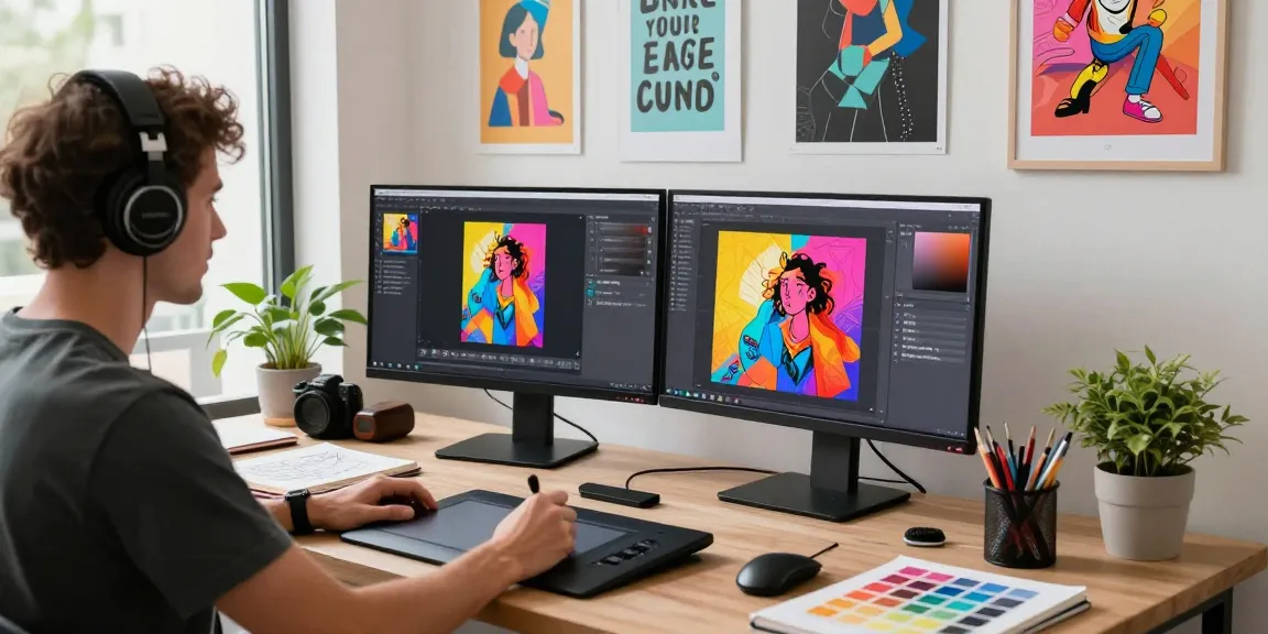 Digital artist using the advanced Nano Banana 2 AI image editor in a vibrant creative studio.