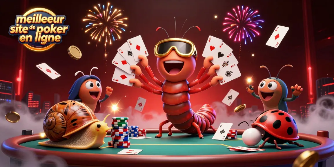 Un moment captivant sur le meilleur site de poker en ligne avec un dealer cartoon et des jetons exaltants.