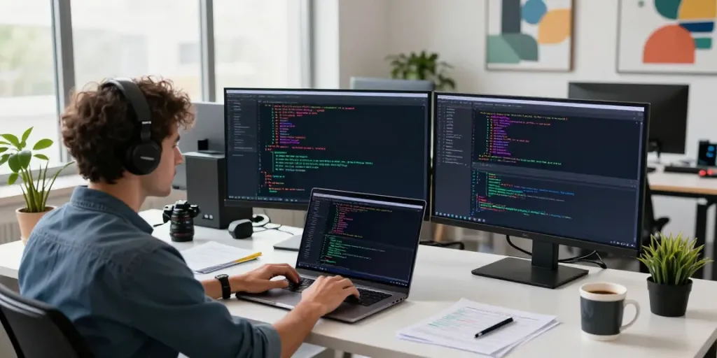 Workspace of a developer at h5.2113.net coding with dual monitors
