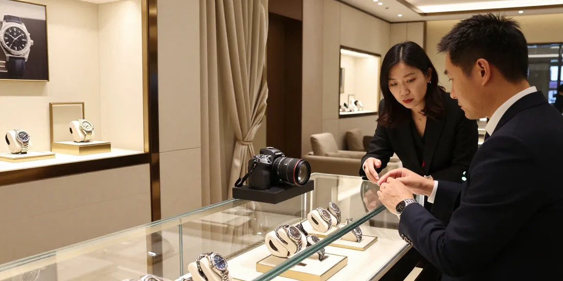 Showcase of clone watches in a luxury boutique, highlighting intricate details and craftsmanship.