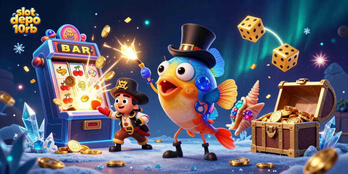 Engage with slot depo 10rb amidst a vibrant 3D casino scene filled with coins and rewards.