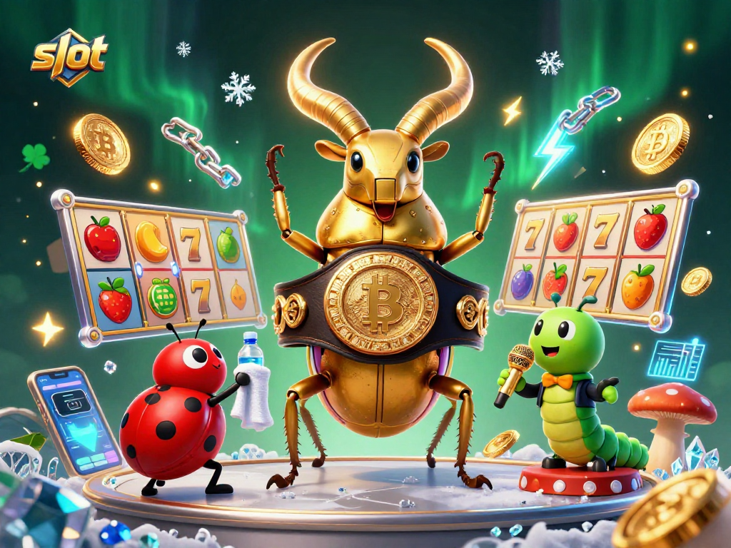 Engage with thrilling slot action featuring a golden stag beetle and cryptocurrency elements.