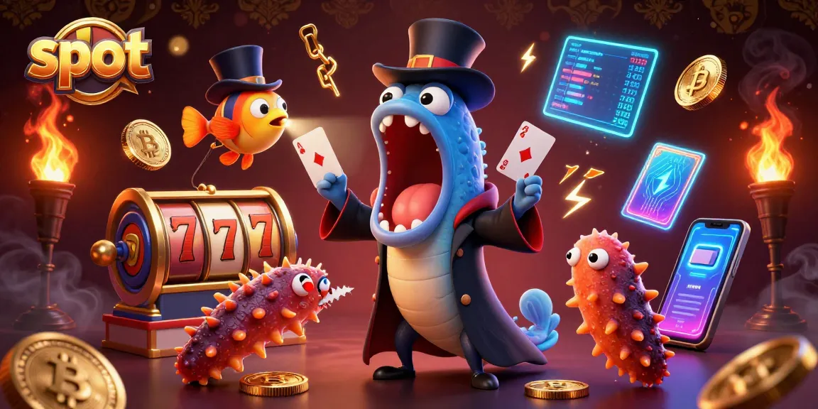 Putaran slot dengan ikan belut gulper menghibur pembawa acara, dikelilingi koin Bitcoin dan Ethereum.