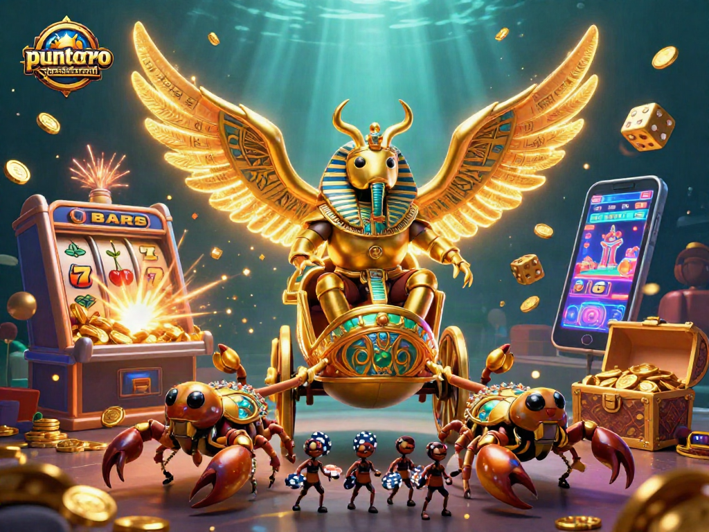 Experience the thrill of puntorojorestaurant with this vibrant casino illustration showcasing golden scarabs and slot machines.