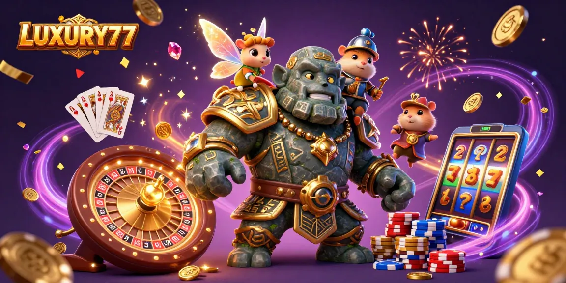 Menangkan permainan di LUXURY777 dengan ilustrasi golem dan koin emas berhamburan.