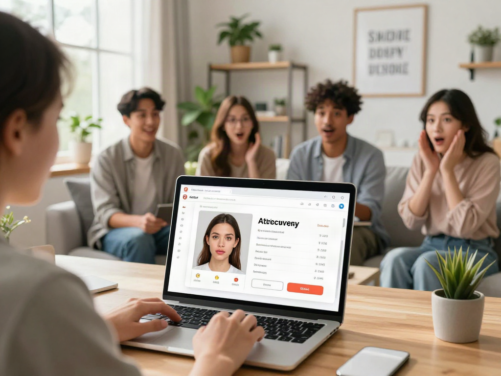 Engaging with an AI-powered attractiveness test online, showcasing user interface and results.