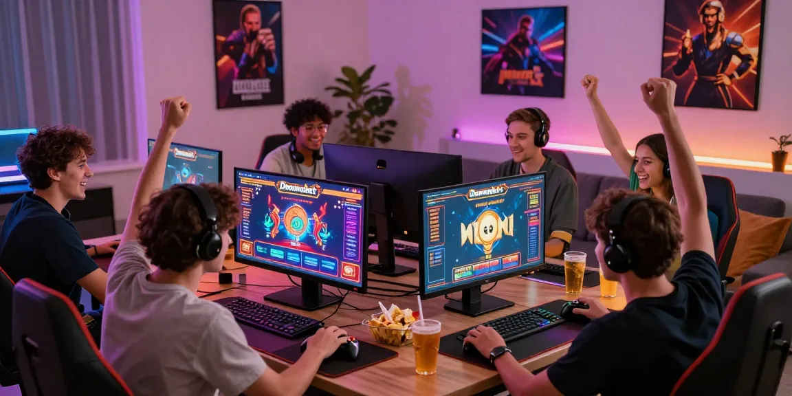 Daftar Dominobet online gaming excitement with friends celebrating wins in a vibrant setup