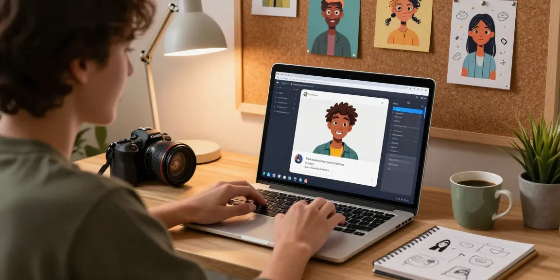 Interactive character AI scene featuring an excited user chatting with character AI nsfw on a laptop, colorful character designs, cozy workspace.