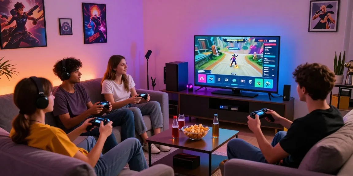 Group playing games on 7meter platform in a vibrant living room.