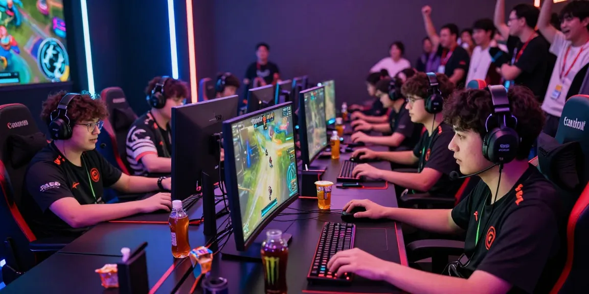 Gamers competing in a tournament with rokok88 super graphics, vibrant LED lights, and focused atmosphere.